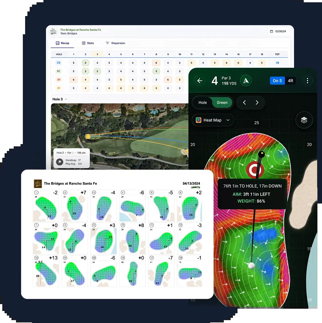 The Bridges at Rancho Santa Fe — scorecard, 18-green grid, and in-app heat map